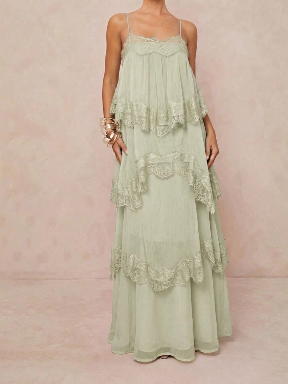 Pastel Green Elegant Women's Adjustable Strap Chiffon Dress with Contrast Lace - Picture 6 of 9